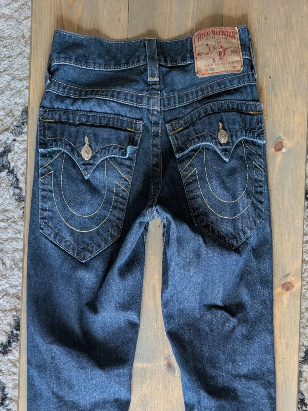 True Religion Mens Ricky Straight Leg Jeans Size 28 34 Dark Blue Wash Cotton USA